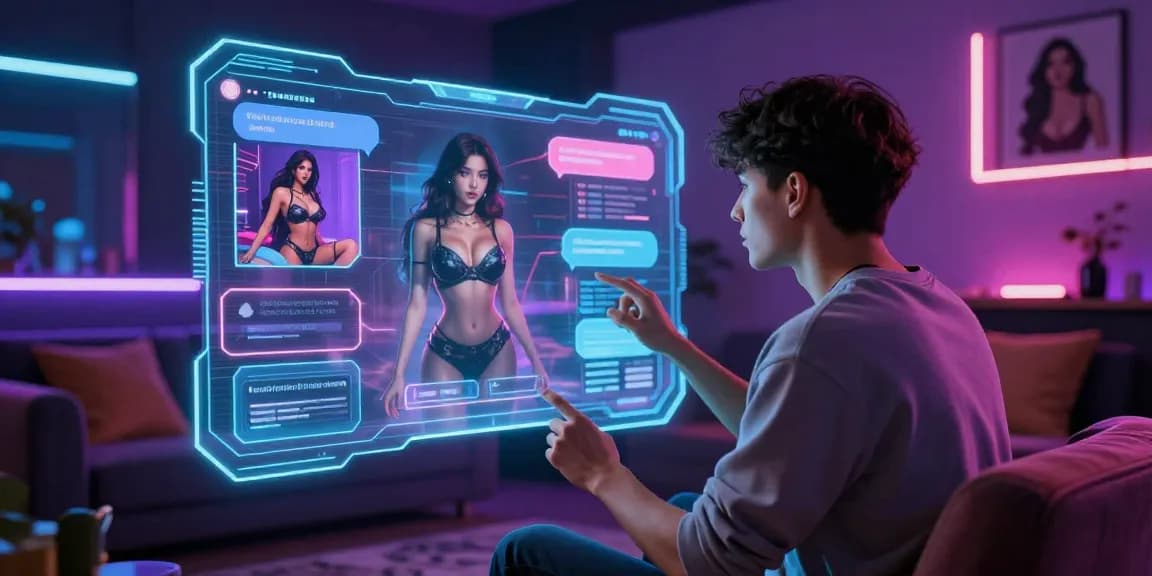 Engaging user in a futuristic AI porn chat with interactive characters and neon ambiance.