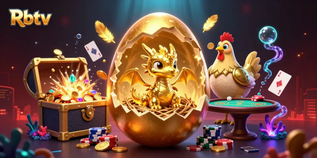 Rbtv menampilkan naga emas dari kasino dengan chip poker dan elemen permainan menyelam yang berkilauan.