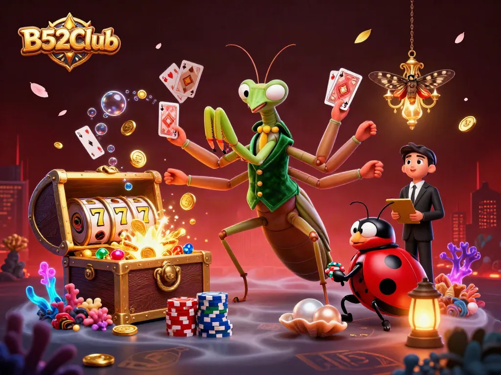 Engaging scene showcasing B52Club with a giant mantis card sharp and vibrant casino elements.