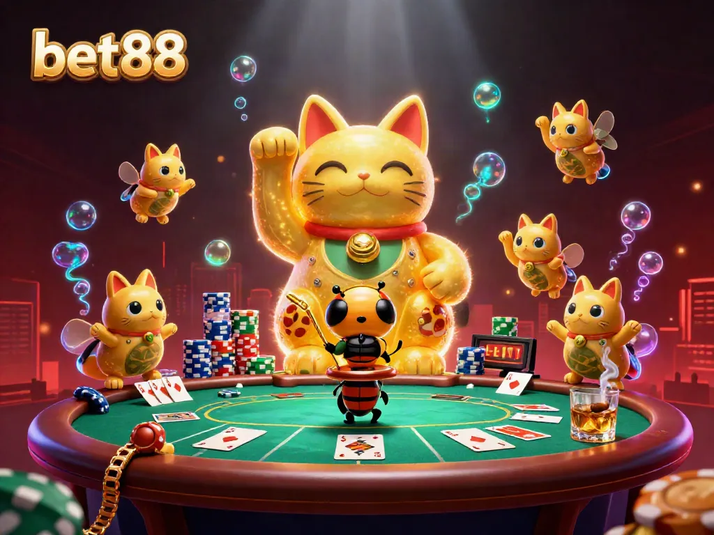 Experience the excitement of bet88 with a vibrant lucky cat surrounded by casino symbols.
