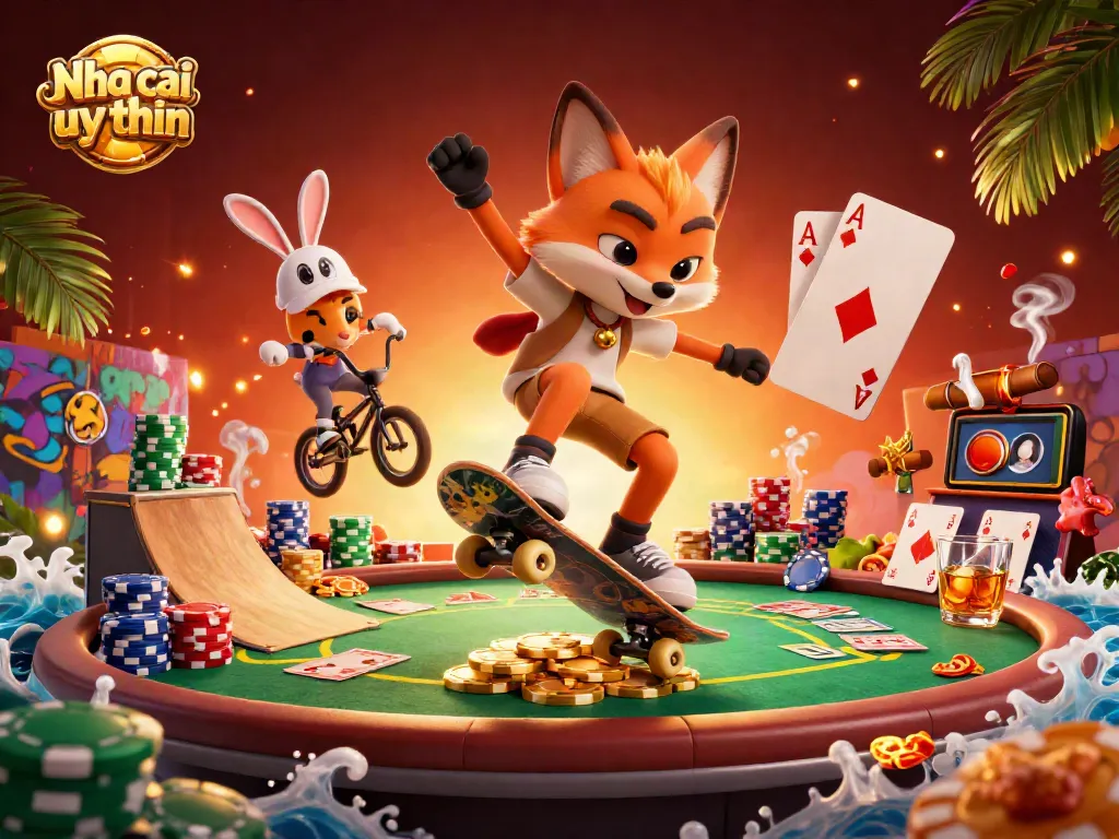 Nha cai uy tin showcases a 3D cartoon fox and rabbit enjoying a vibrant casino scene, highlighting engaging gambling activities.