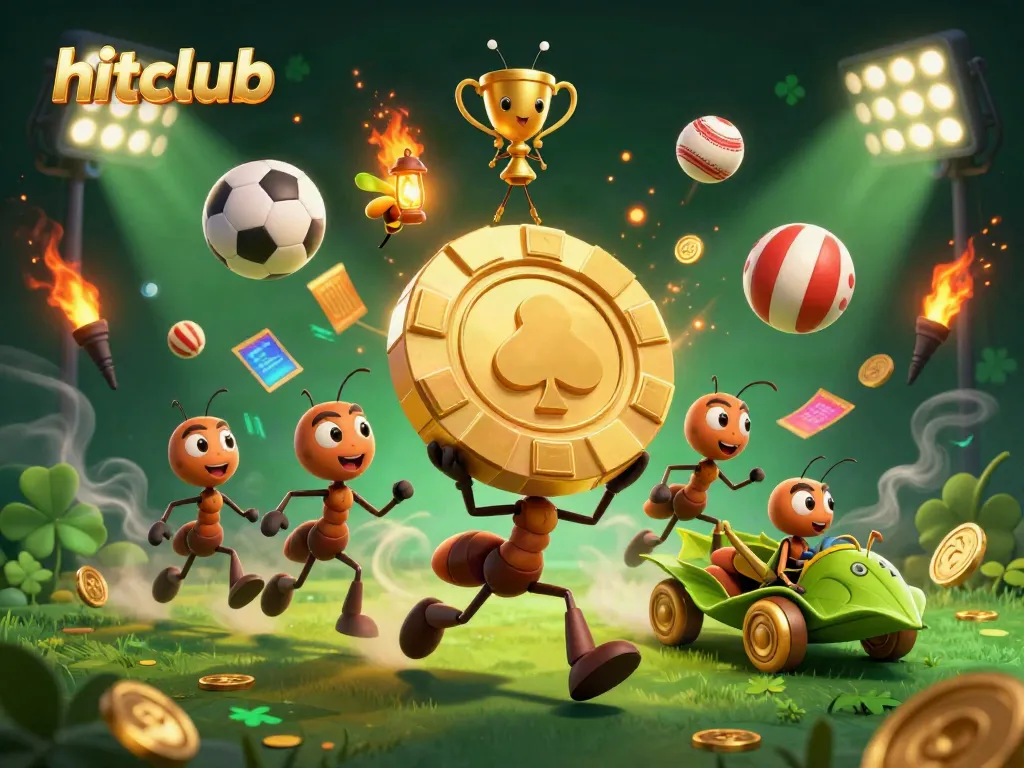 Hitclub scene with ants carrying a giant poker chip amidst dynamic sports elements in a vibrant 3D illustration