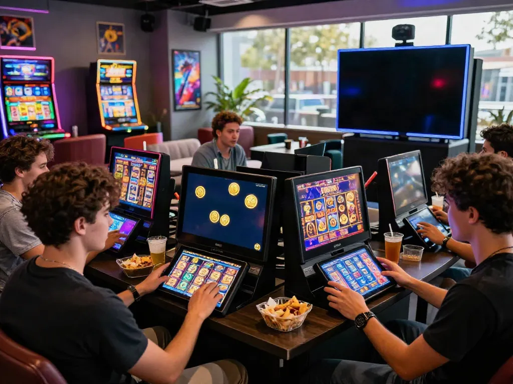 Players engaging with slot games on tablets in a vibrant gaming lounge.