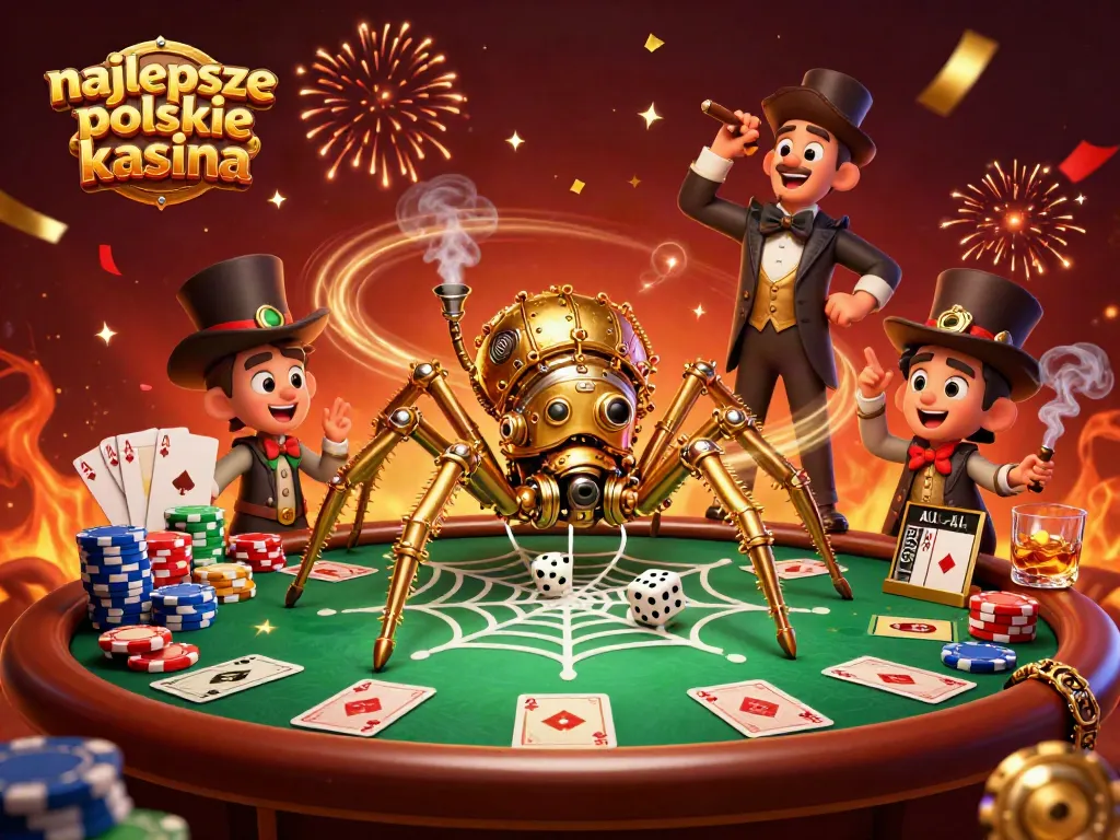 Engage in thrilling gameplay at najlepsze polskie kasyna with golden spider and poker elements in a vibrant casino scene.