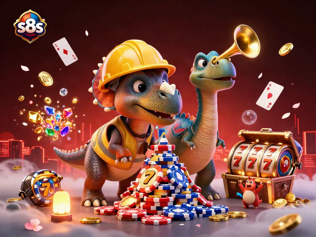 Engage with s8s at a vibrant 3D casino scene showcasing a dinosaur-themed celebration with slot reels and poker chips.
