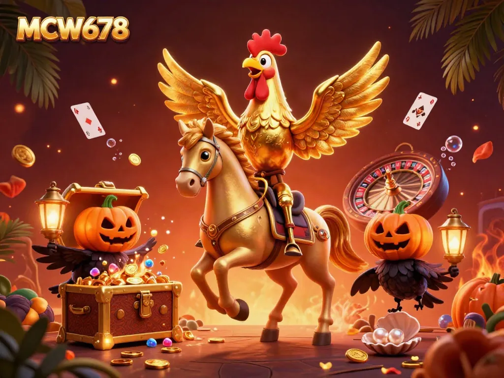 Experience thrilling gameplay at MCW678 with a dynamic scene of a golden rooster in a midnight casino.