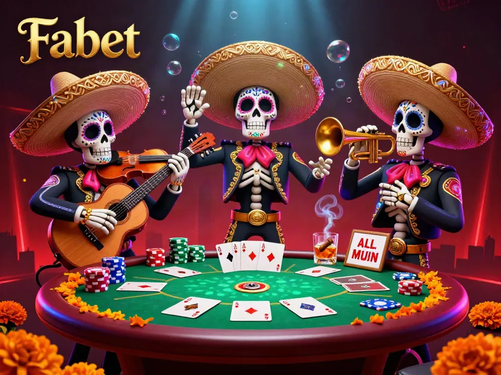 Join the lively Fabet poker game with a vibrant mariachi band, colorful decorations, and festive elements.