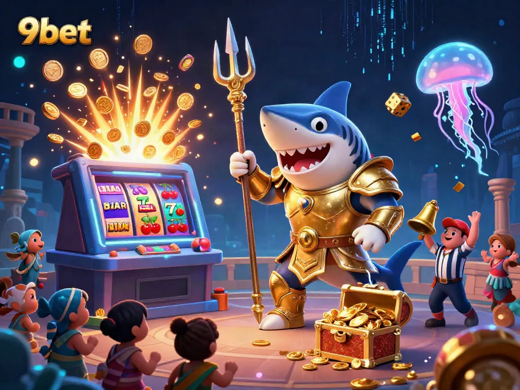 Experience the excitement of 9bet with a dynamic underwater casino scene featuring a tiger shark, slot machine, and vivid gaming elements.