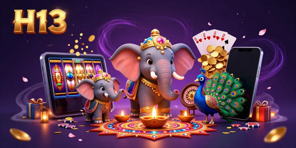 Experience thrilling wins with H13's vibrant casino-themed illustration, showcasing dynamic gaming elements and enchanting visuals.