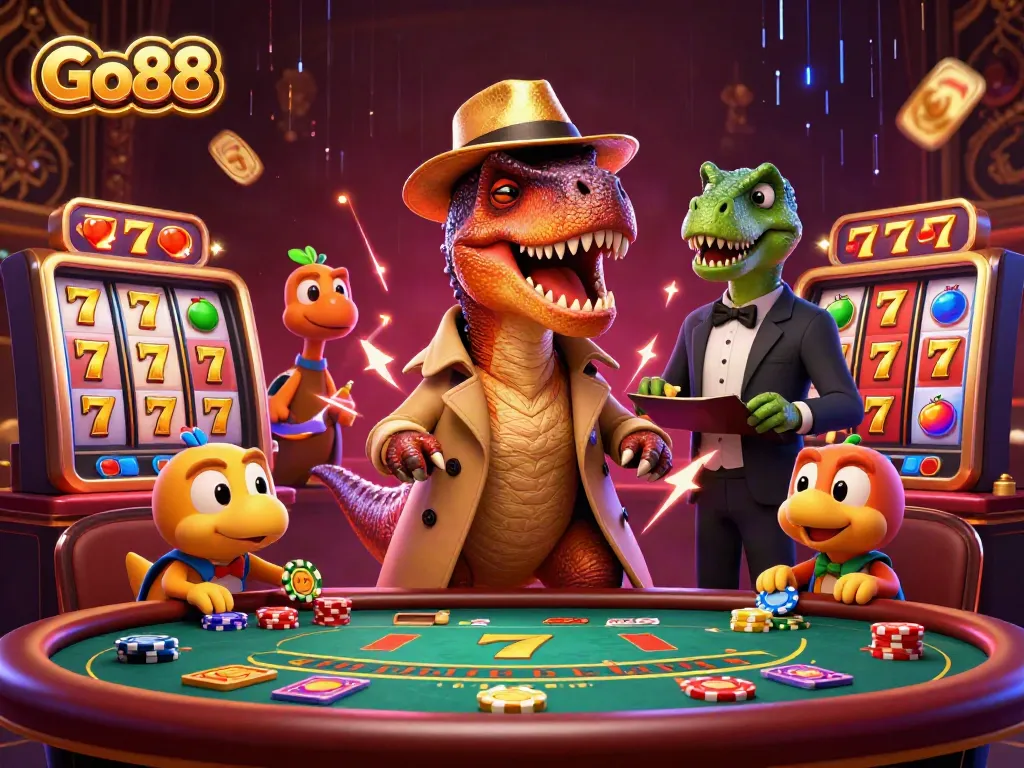 Engaging Go88 casino scene featuring a velociraptor card counter amid slot reels and vibrant casino atmosphere.