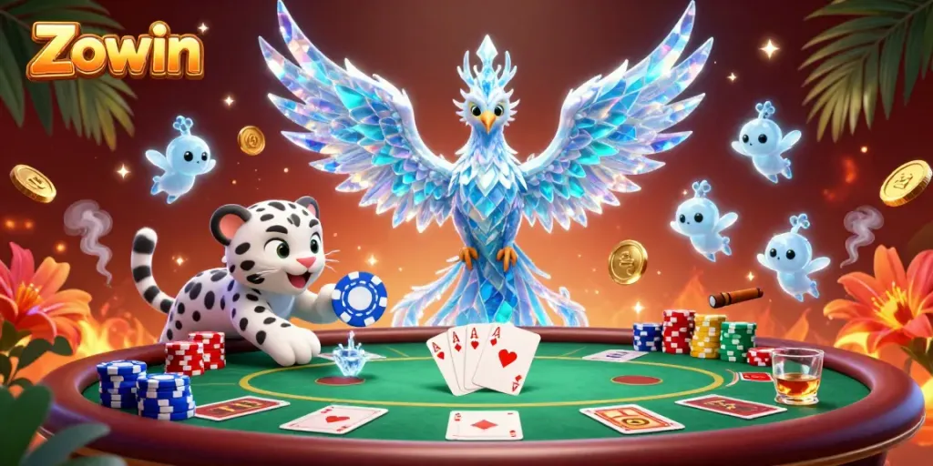 Zowin captivates with vibrant gaming elements in a 3D illustration showcasing an ice phoenix and playful snow leopard.