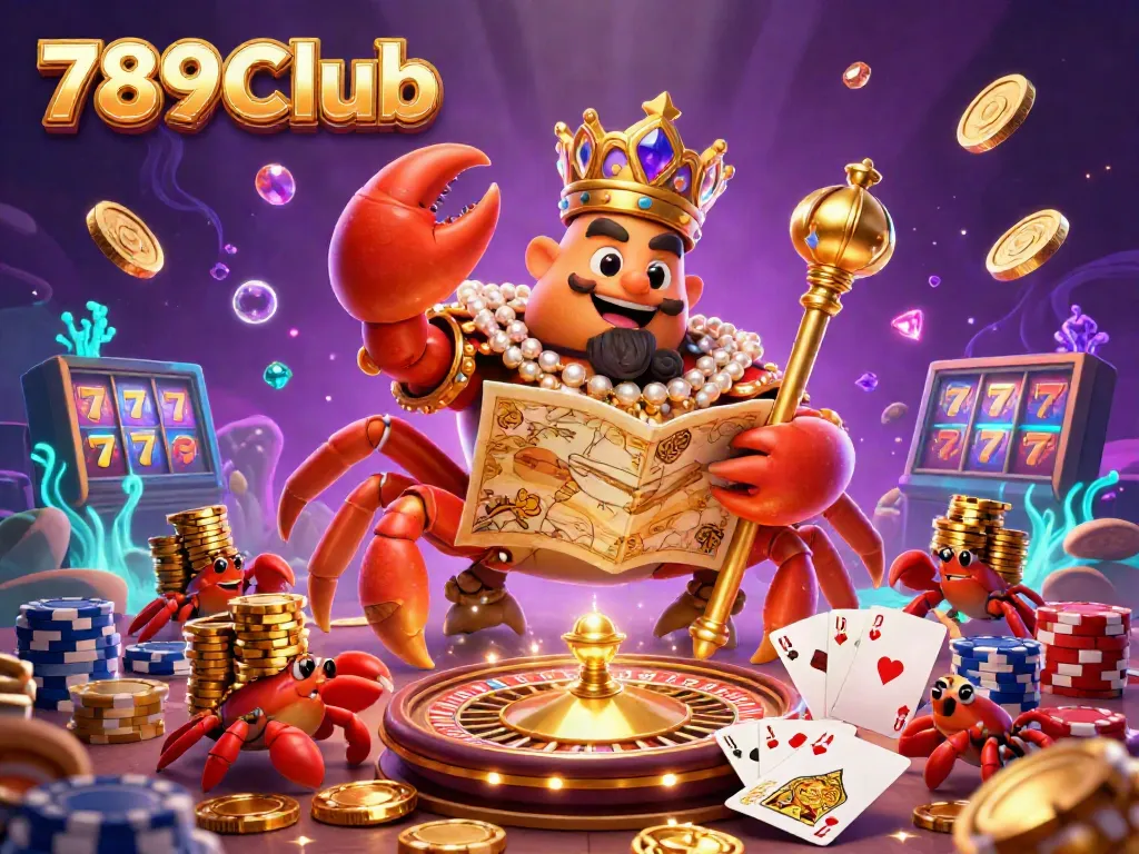Experience the vibrant thrill of 789Club with golden crab emperor and casino game elements.