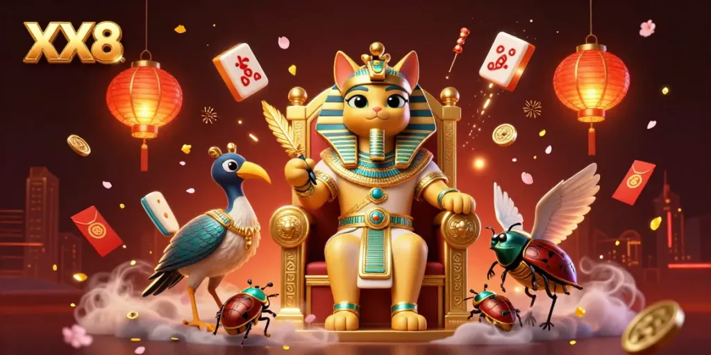 Experience the thrilling gameplay of XX8 with vibrant 3D casino illustrations showcasing dynamic characters and festive elements.