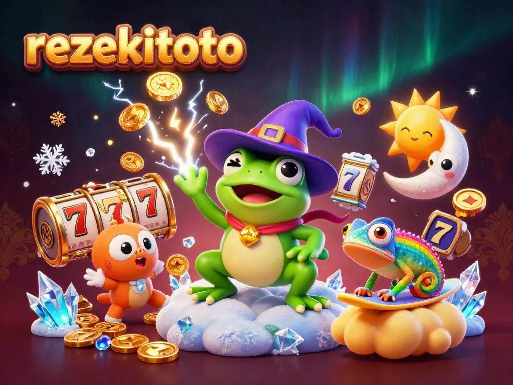 Win jackpots at rezekitoto with colorful slots, golden clouds, and whimsical characters creating a vibrant experience.