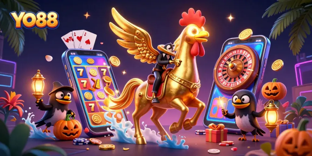 Experience the excitement of YO88 with a golden rooster in a lavish casino adventure.