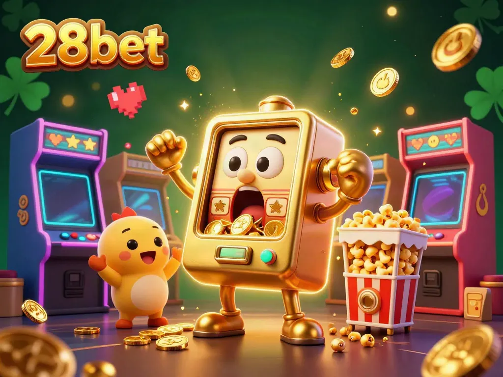 28bet celebrates wins as a golden slot machine hits a jackpot amidst colorful gaming elements.