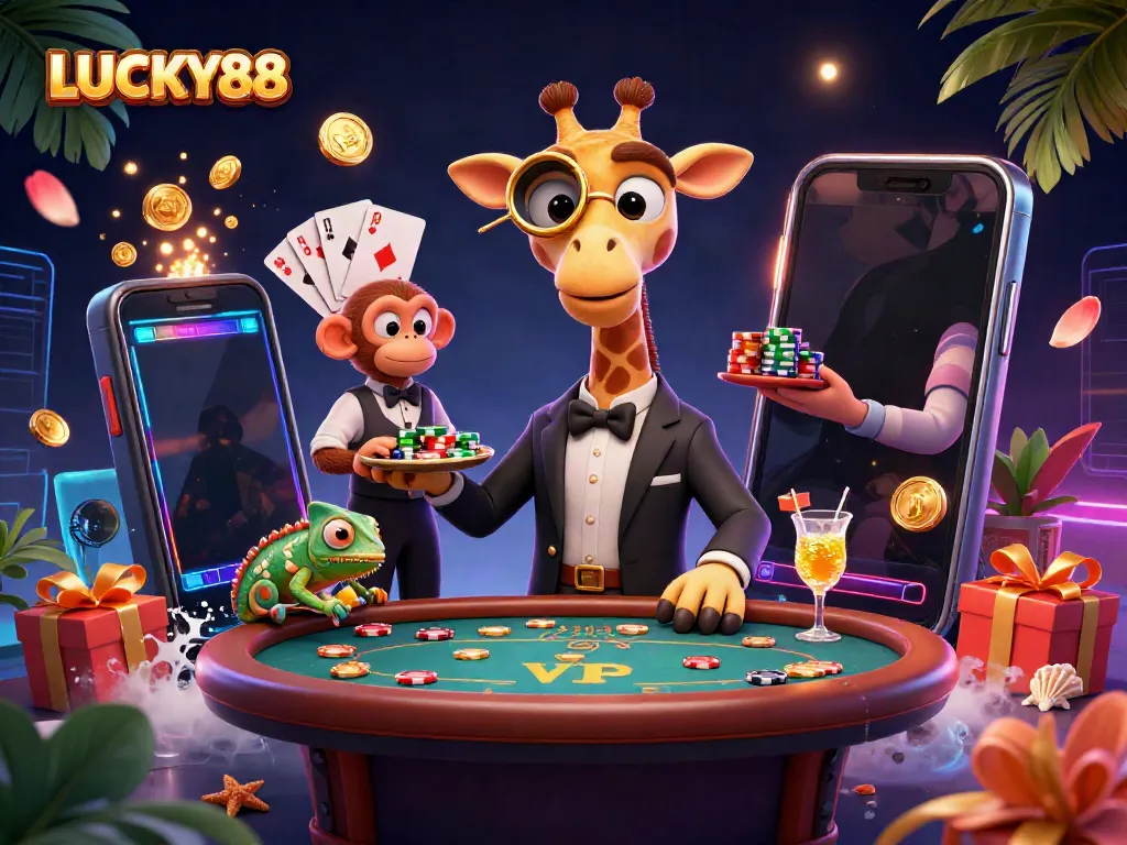 Experience the vibrant gameplay of LUCKY88 with animated casino characters enjoying lavish games.