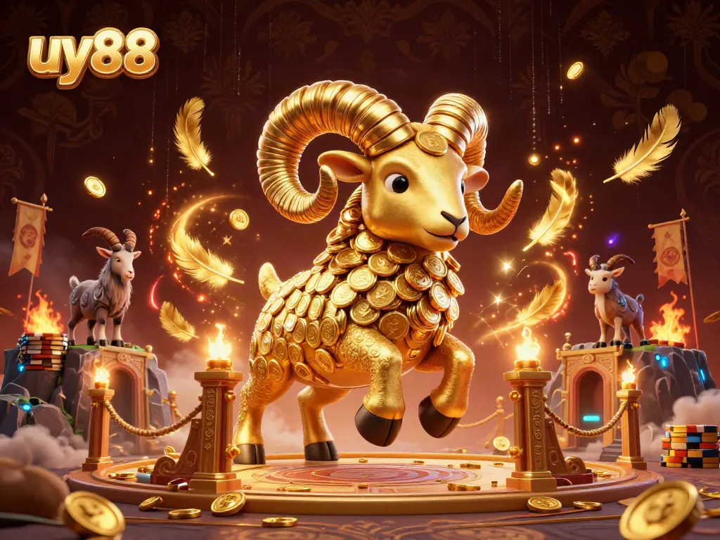 Experience thrilling gameplay at uy88 with a dynamic 3D scene featuring a golden ram charging through a high-energy casino arena.