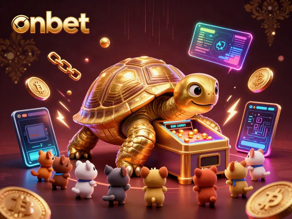 Enjoy thrilling gameplay at ONBET with a vibrant casino scene showcasing a golden tortoise, crypto coins, and colorful energy effects.