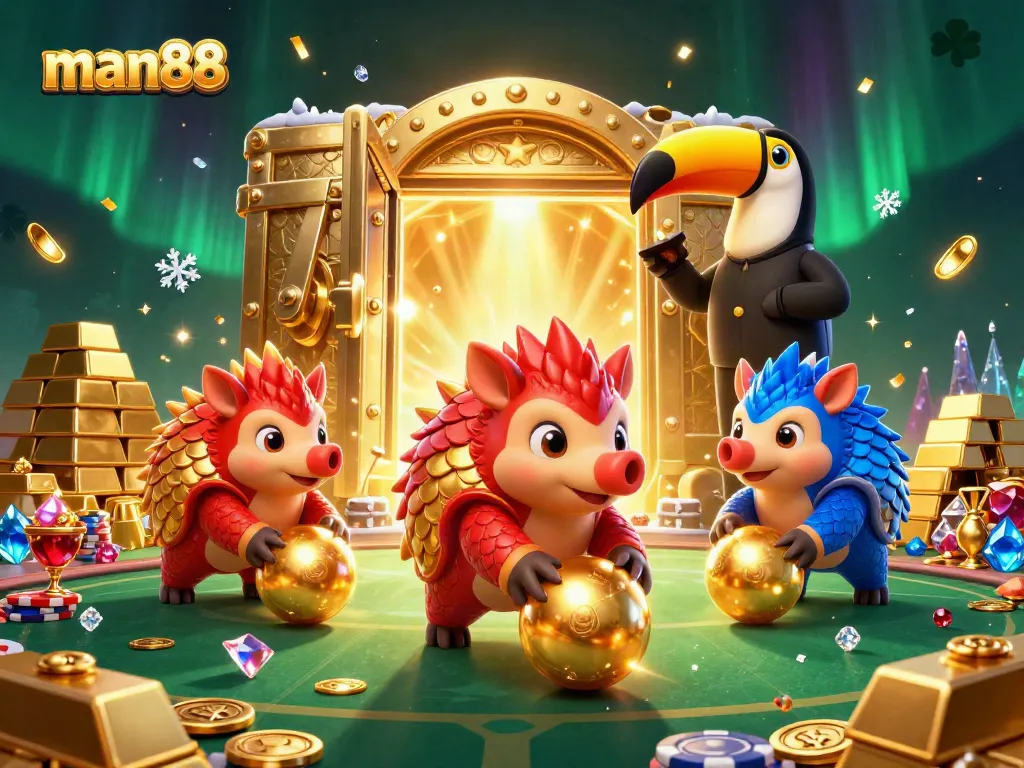 Experience thrill with man88 as rival pangolins roll through golden poker chips in a vibrant 3D casino scene.