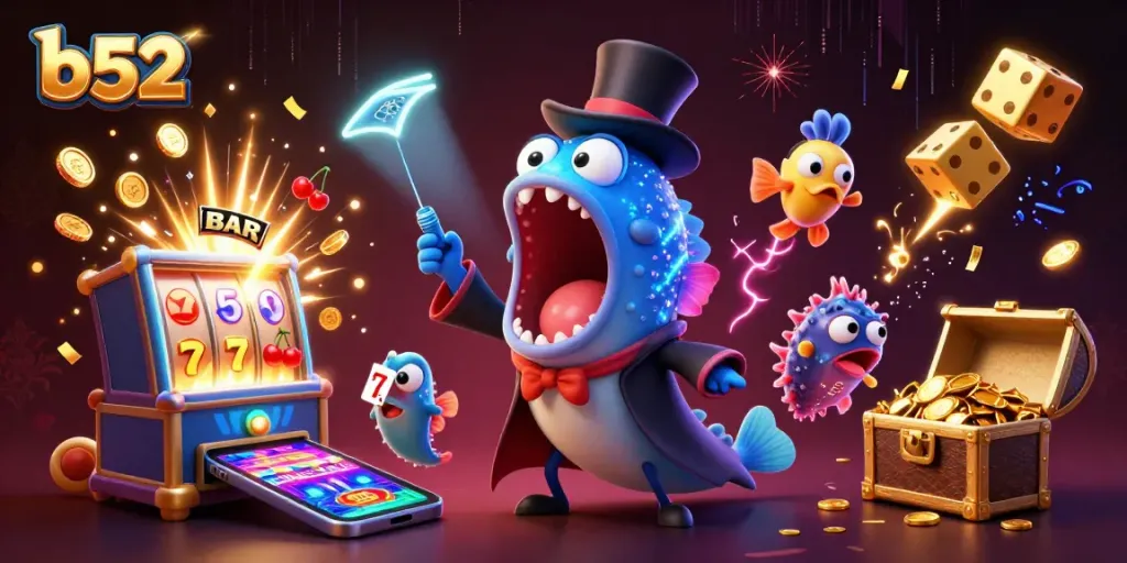 Engage with b52’s jackpot scene featuring a deep-sea gulper eel magician among casino treasures.