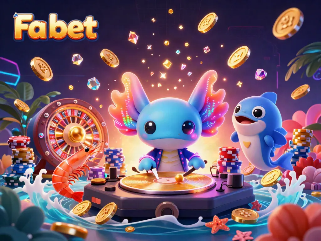 Exciting Fa bet 3D illustration showcasing vibrant axolotl DJ and dynamic casino elements.