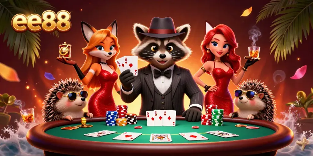 Experience thrilling poker action with ee88's vibrant characters and dynamic casino elements.