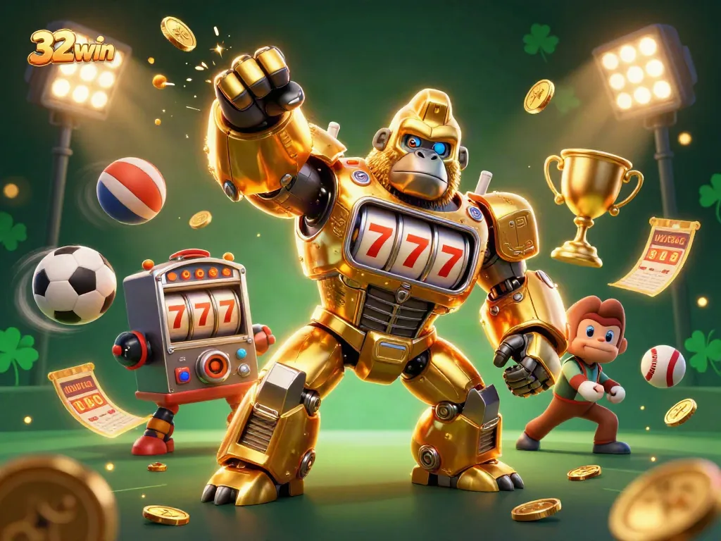 Engage in thrilling gameplay with 32win's golden gorilla mech surrounded by sports betting elements.