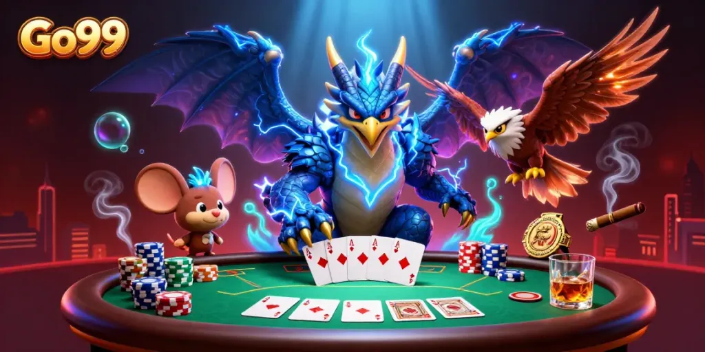 Go99 players compete with fierce energy at a vibrant poker table featuring dynamic visual elements.