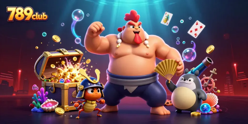 Experience exciting gameplay at 789club with colorful treasures and dynamic casino illustrations.