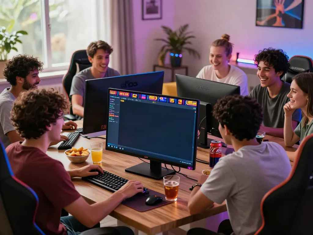 Friends enjoying DA88 online gaming experience in a cozy setting.