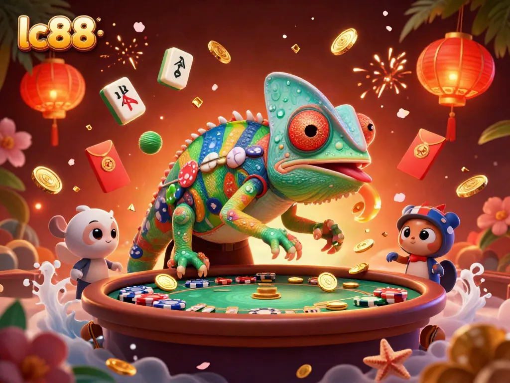 Experience the excitement of LC88 gaming with vibrant 3D illustration featuring unique casino elements.
