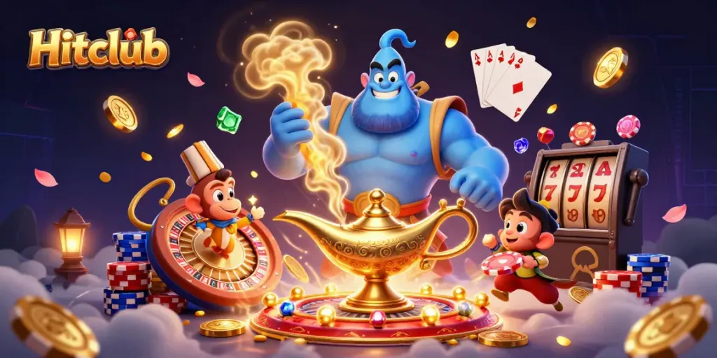 Experience the vibrant excitement of Hitclub with a genie, monkey, and casino elements in a rich 3D scene.