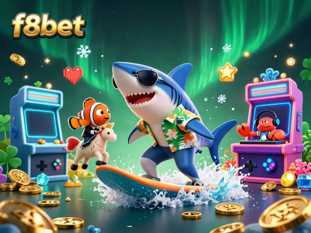 Join the excitement at f8bet with a vibrant scene featuring a surfing shark, tuxedo clownfish, and DJ crab.