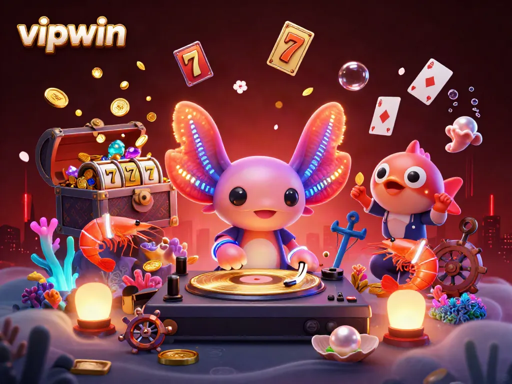 Spin to win at vipwin with vibrant neon characters and dynamic casino elements in a lively underwater scene.