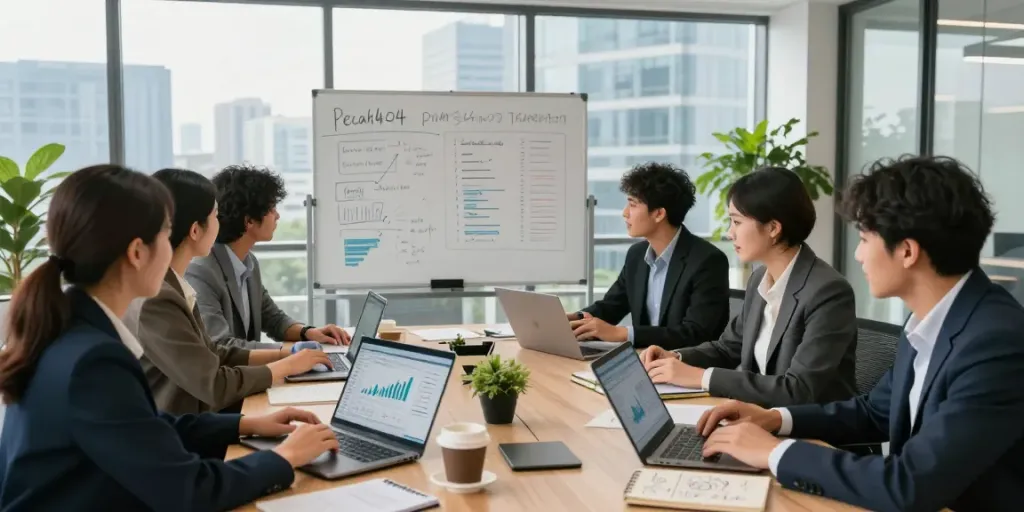 Team discussing pecah404 strategies in a modern office setting.