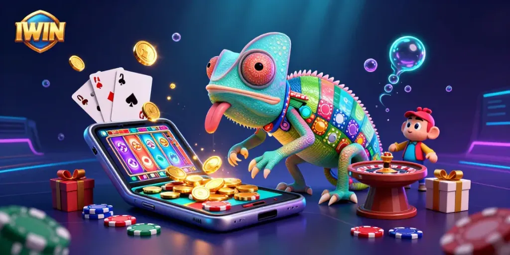 IWIN casino chameleon owner entertains with spinning slots and golden coins in an exciting gambling scene.