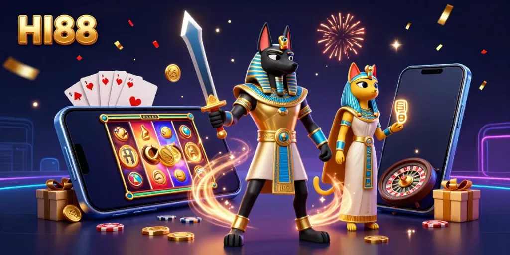 Experience the excitement of HI88 with Anubis and Bastet in a vibrant casino scene, surrounded by winning elements.