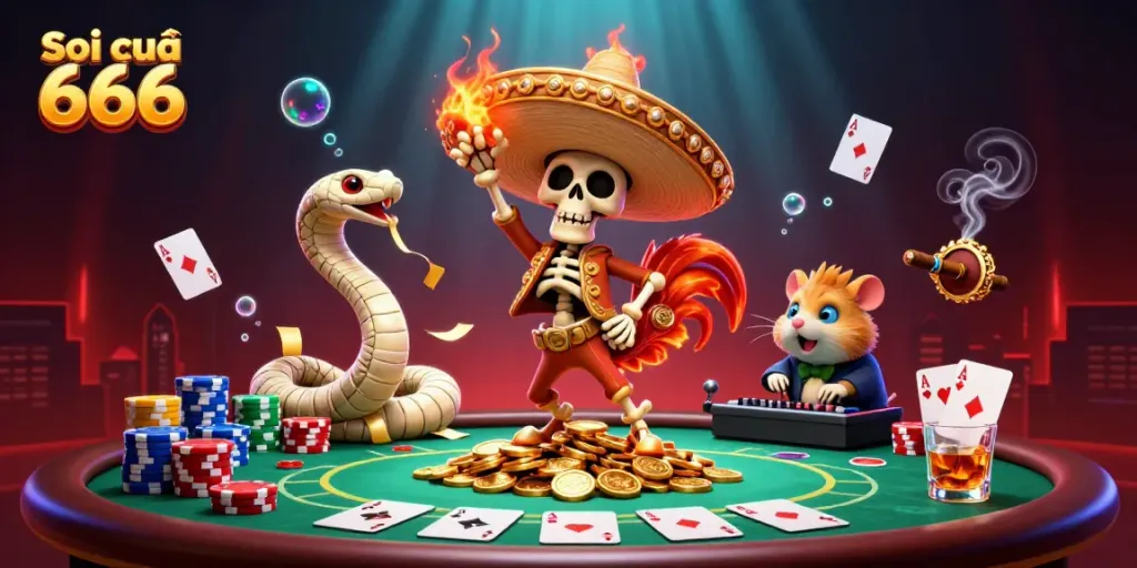 Soi cầu 666 illustration depicting colorful casino characters celebrating victory with poker elements and vibrant graphics