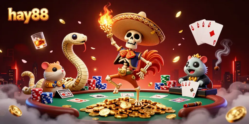 Experience the thrill of hay88 with vibrant casino characters celebrating victory among poker chips and golden coins.