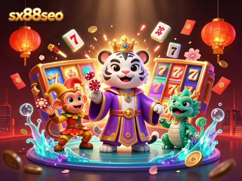 Engage in dynamic casino thrills with sx88seo's vibrant 3D illustration featuring a white tiger, poker chips, and casino elements.