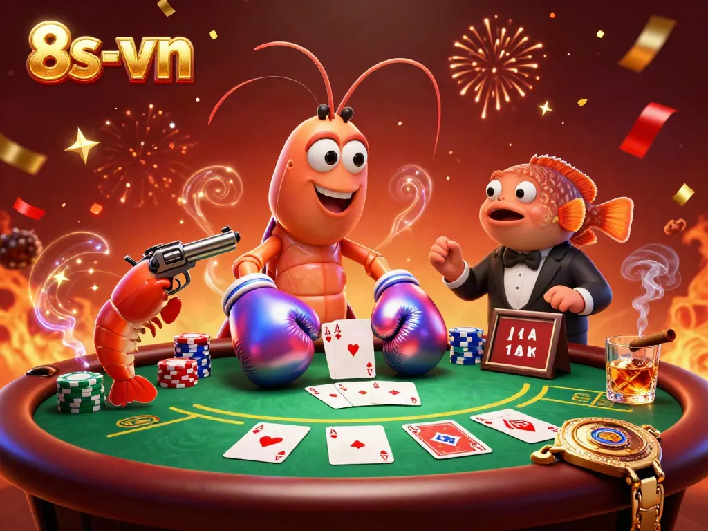 Experience the excitement at 8s-vn casino with vibrant poker action featuring colorful chips and lively characters.