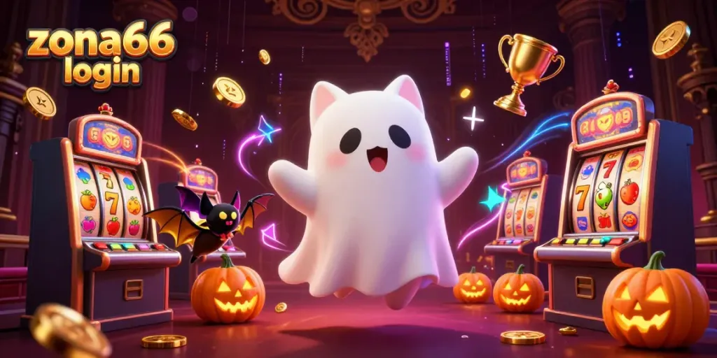 Join the fun at zona66 login with a ghost cat and vampire bat in a vibrant casino scene.