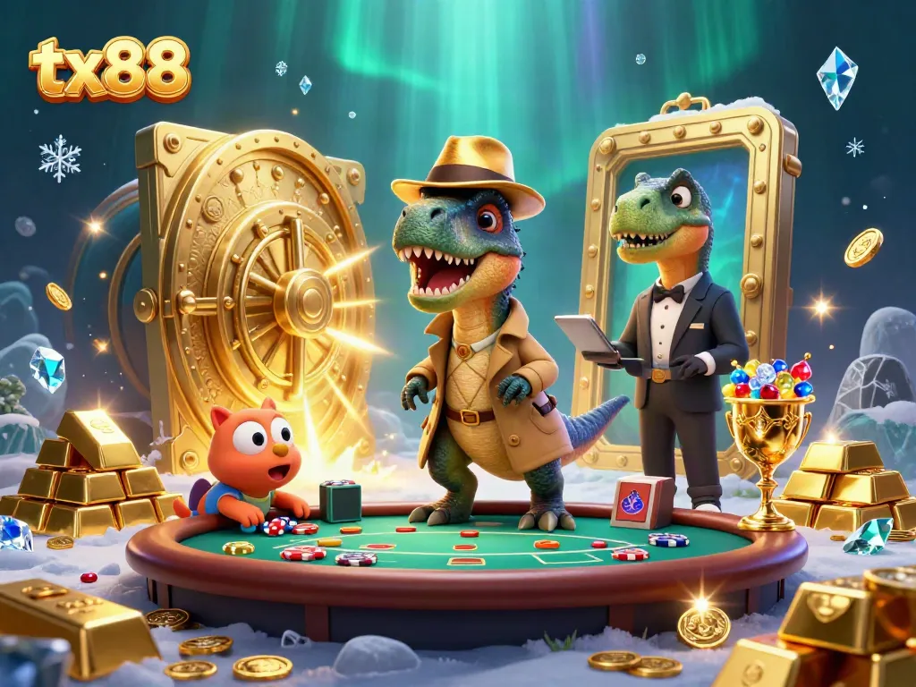 Experience the excitement of tx88 with a detailed casino scene featuring animated dinosaurs and lavish treasures.