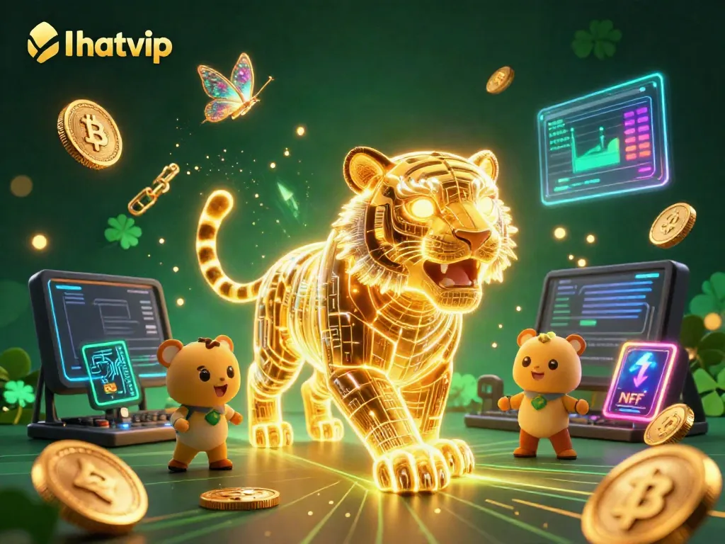 Nhatvip showcases a vibrant digital casino scene with a neon tiger and holographic elements.