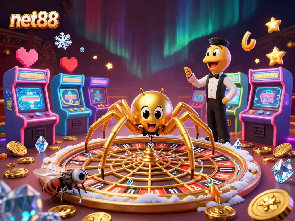 Experience thrilling bets at net88 with a golden spider roulette wheel and dynamic gaming atmosphere.