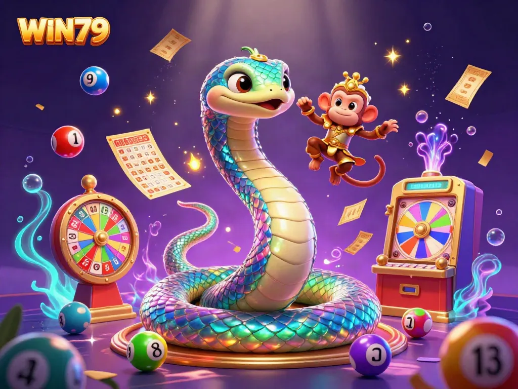Engaging casino scene showcasing WIN79 with a colorful 3D rainbow serpent and monkey king amongst playful lottery elements.