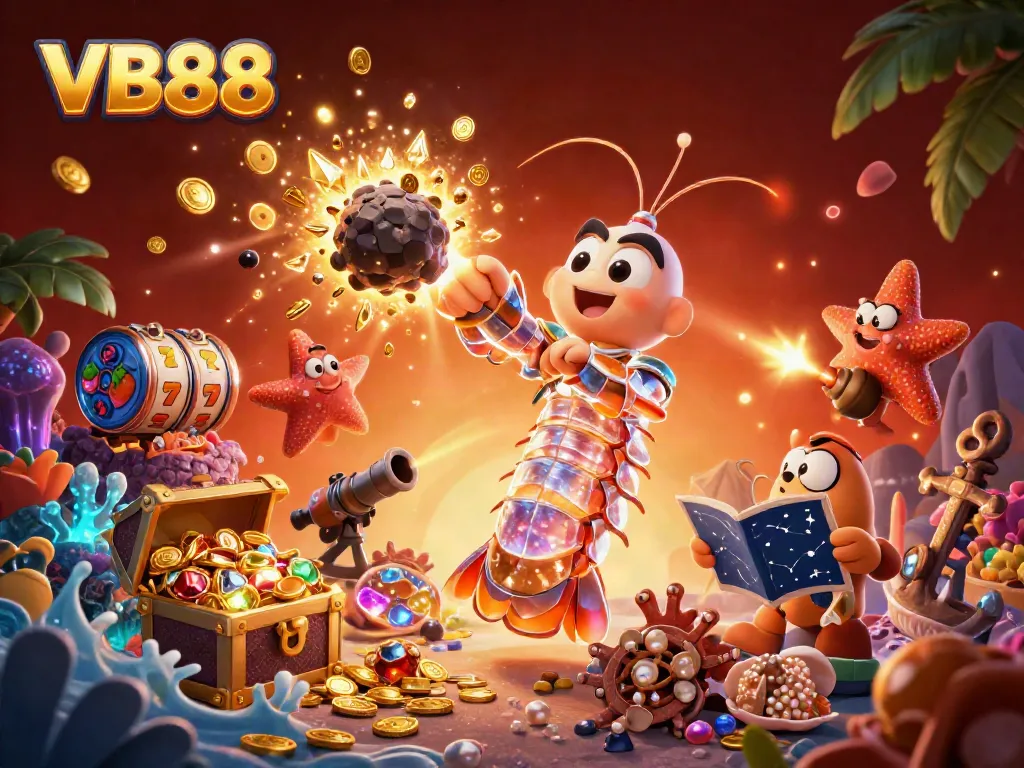 Engage with VB88's dynamic casino world, featuring vibrant characters and exploding treasures.