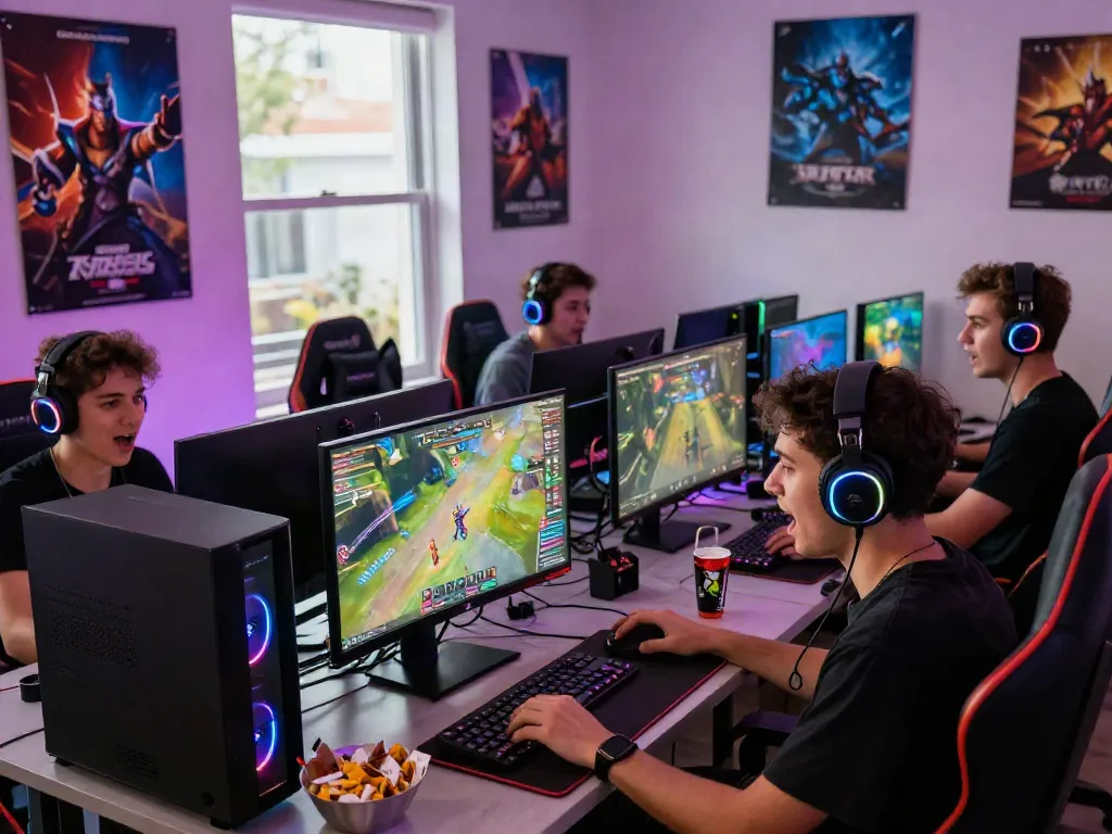 Garuda404 gamers enjoying an immersive multiplayer experience with high-tech setups and vibrant lighting.