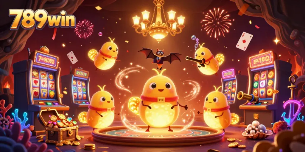 Experience the vibrant excitement of 789win slots with a dynamic cave casino scene.